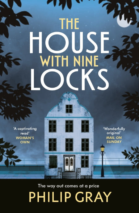 Book cover of 'The House with Nine Locks' by Philip Gray with a house illustration and text on a dark blue background.
