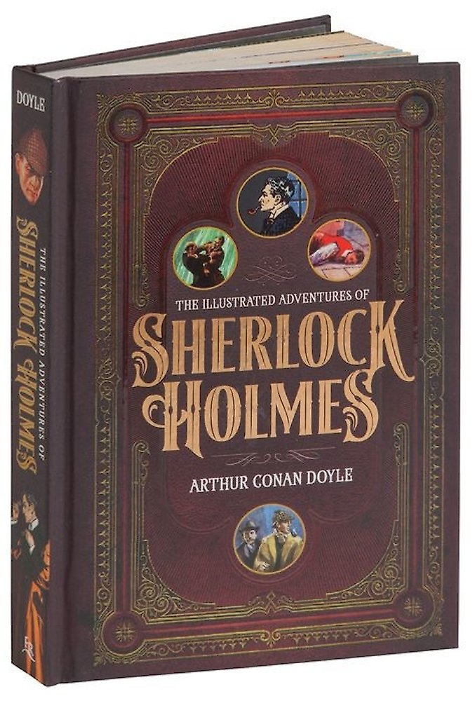 Book titled 'The Illustrated Adventures of Sherlock Holmes' by Arthur Conan Doyle with decorative cover.