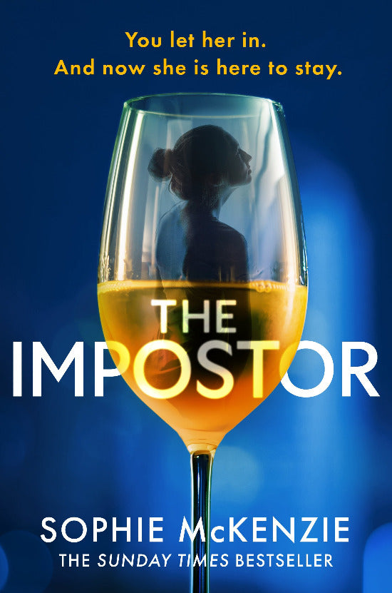 Book cover of 'The Impostor' with a glass of wine and silhouette against a blue background