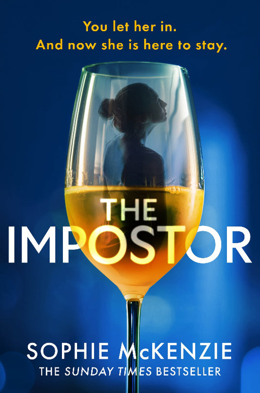 Book cover of 'The Impostor' with a glass of wine and silhouette against a blue background