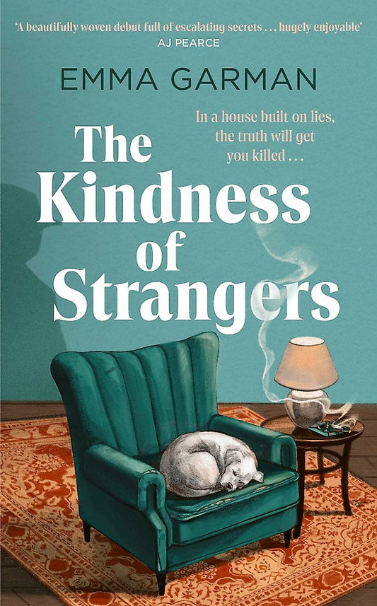 Book cover of 'The Kindness of Strangers' by Emma Garman with a teal armchair and cat on a blue background.