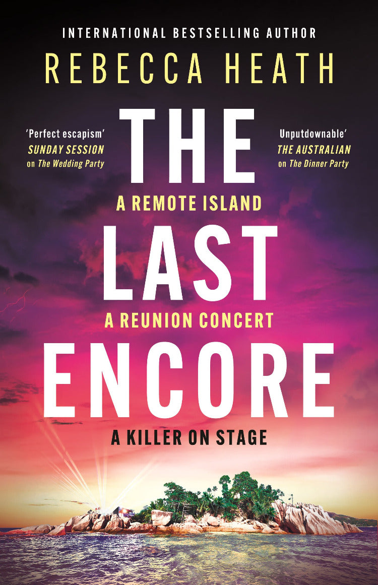 Book cover of 'The Last Encore' by Rebecca Heath with a scenic island and sunset.