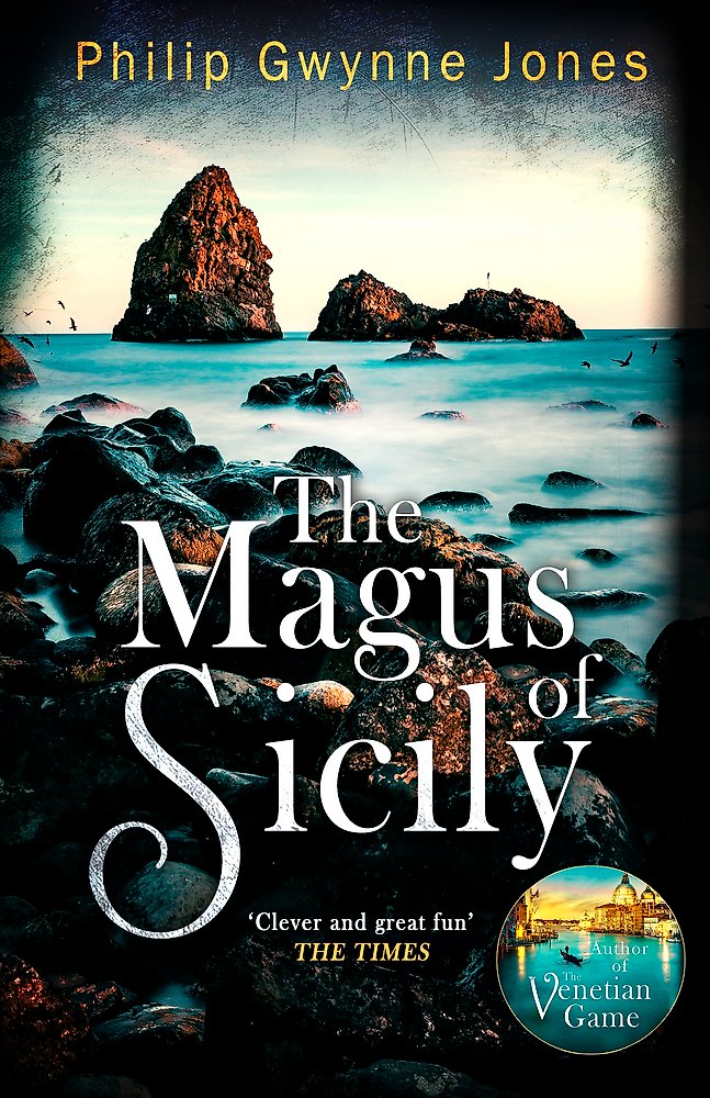 Book cover of 'The Magus of Sicily' with a scenic background of rocks and water.