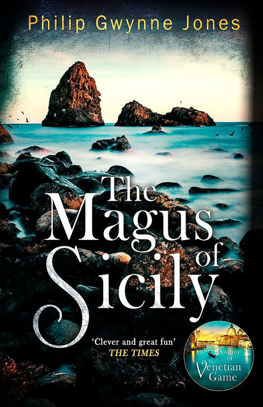 Book cover of 'The Magus of Sicily' with a scenic background of rocks and water.