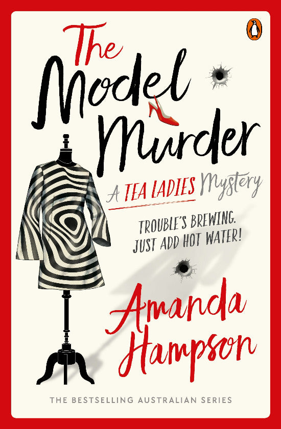 Book cover of 'The Model Murder' by Amanda Hampson with a dress on a mannequin and red high heels.
