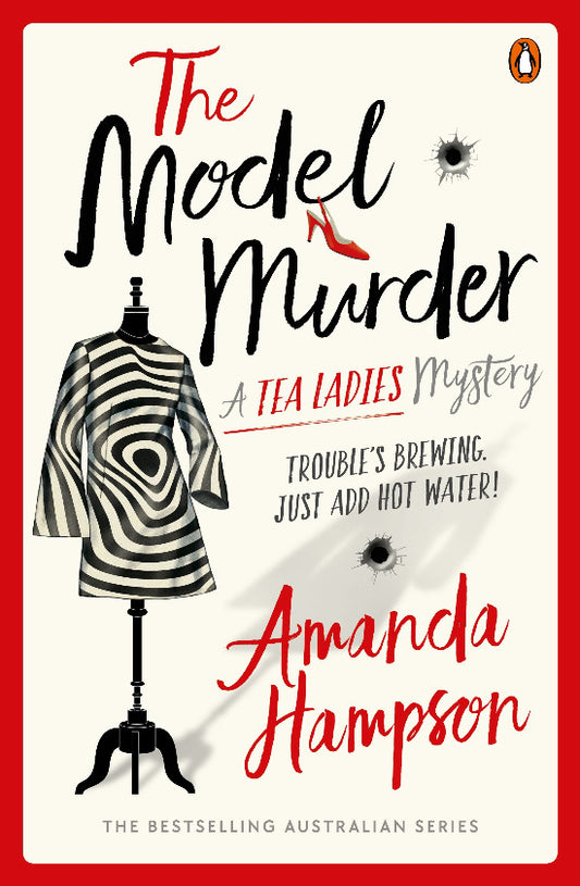 Book cover of 'The Model Murder' by Amanda Hampson with a dress on a mannequin and red high heels.