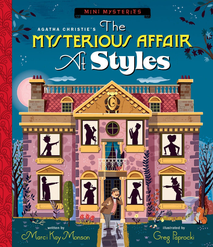Book cover of 'The Mysterious Affair at Styles' by Agatha Christie with illustrated house and silhouette designs.