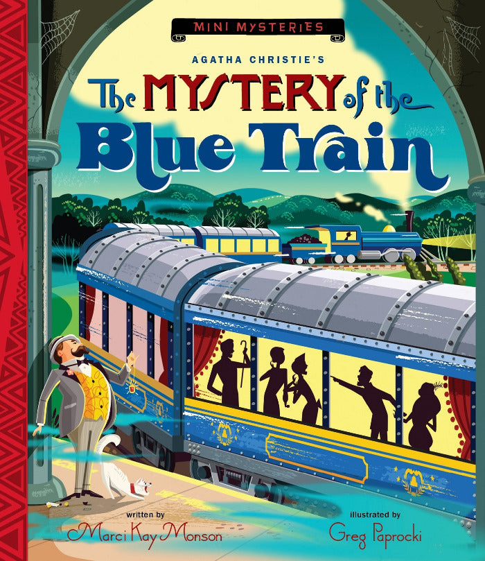 Book cover of 'The Mystery of the Blue Train' by Agatha Christie with a train and detective illustration.