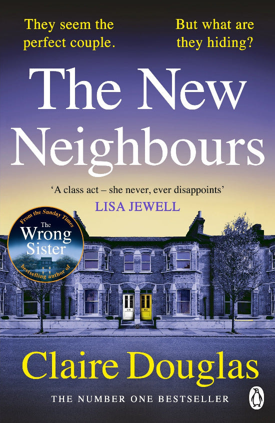 Book cover of 'The New Neighbours' by Claire Douglas with a house and tree on a blue background.