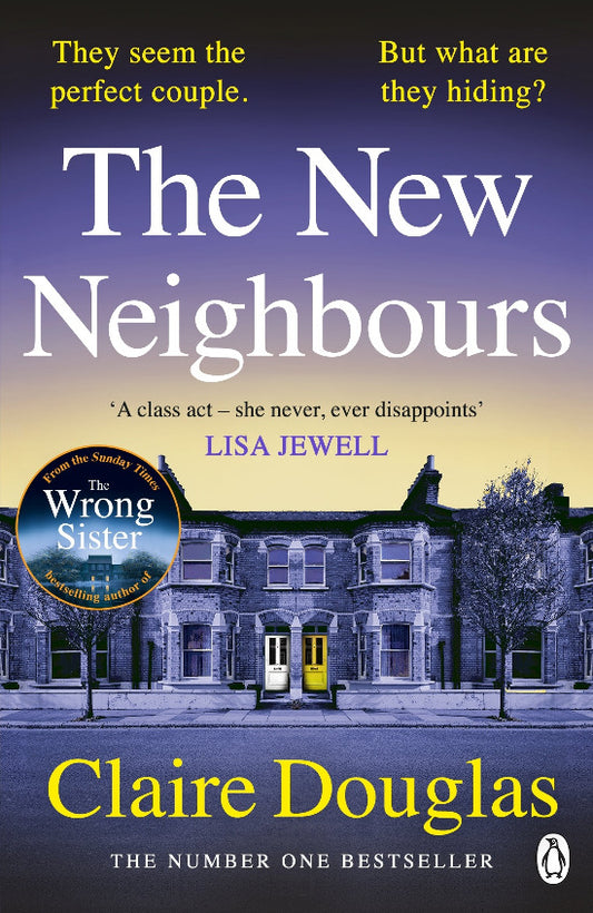 Book cover of 'The New Neighbours' by Claire Douglas with a house and tree on a blue background.
