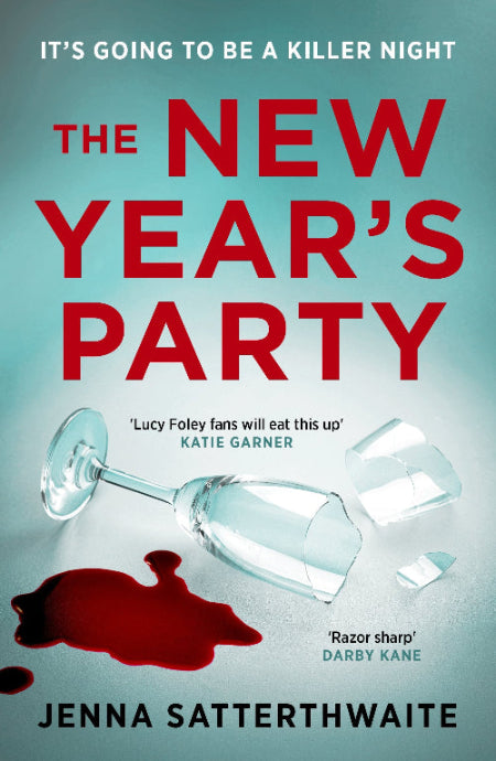 Book cover of 'The New Year's Party' with a glass of wine and blood, set against a blue background.