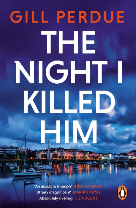 Book cover of 'The Night I Killed Him' by Gill Perdue with a coastal scene in the background.