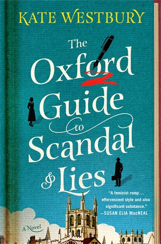 Book cover of 'The Oxford Guide to Scandal & Lies' by Kate Westbury with a blue background and architectural illustration.