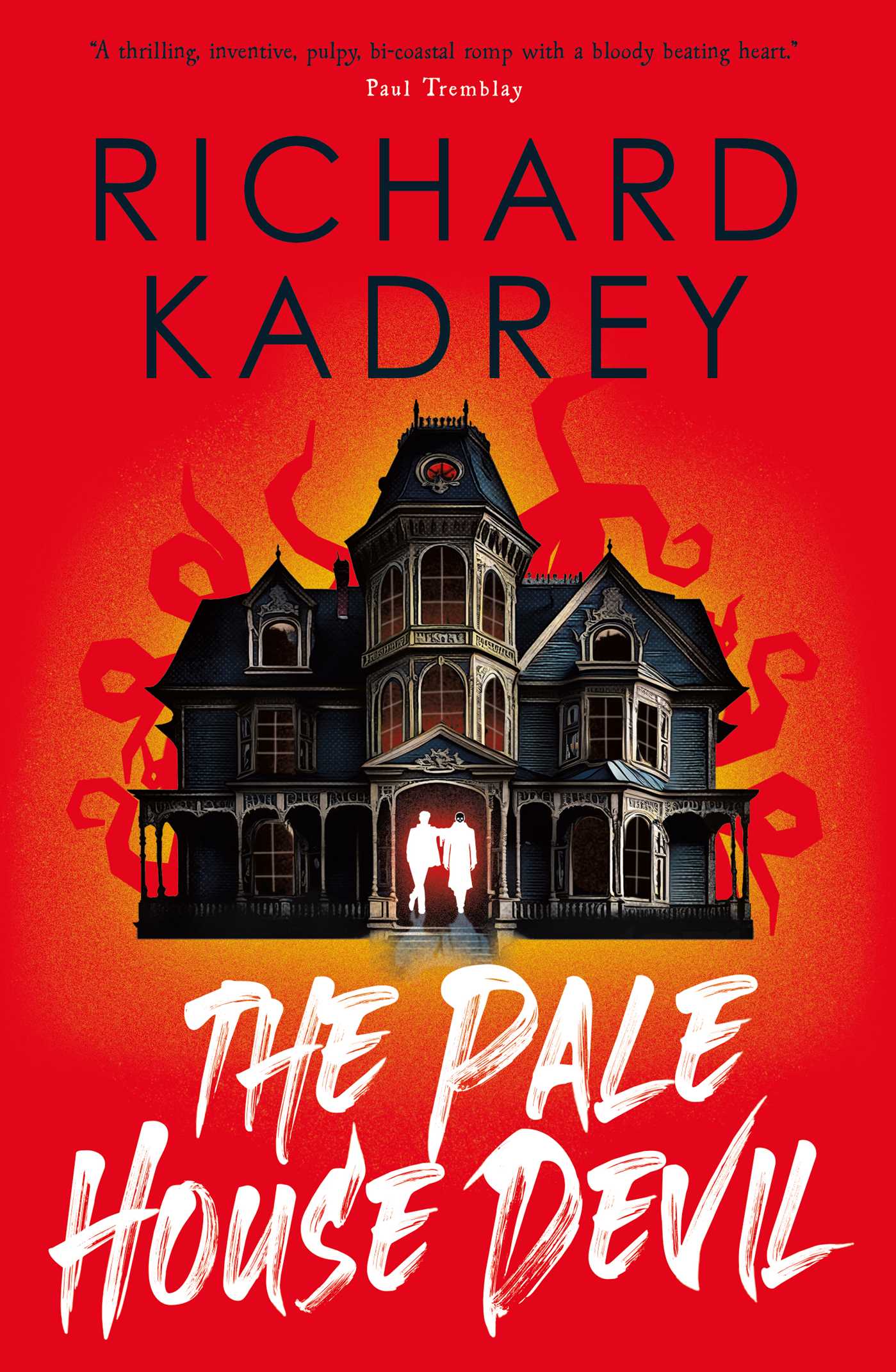 Book cover of 'The Pale House Devil' by Richard Kadrey with a red background and haunted house illustration.