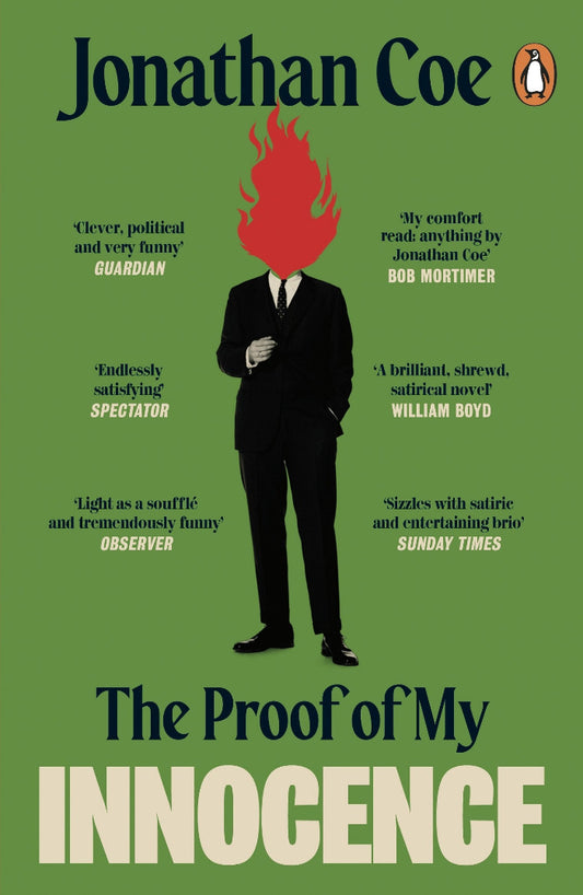 Book cover of 'The Proof of My Innocence' by Jonathan Coe with a stylized illustration of a man with a red head on a green background.