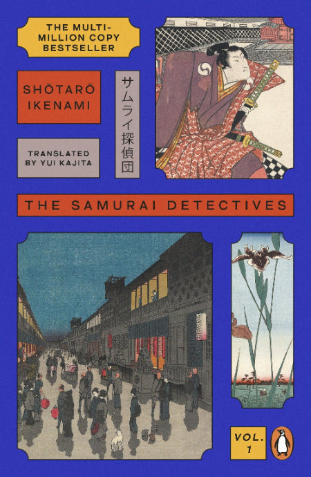 Front cover of the book 'The Samurai Detectives' by Shotaro Kenami, showing a blue background with illustrated Japanese-style scenes and text panels. The Penguin logo appears at the bottom.