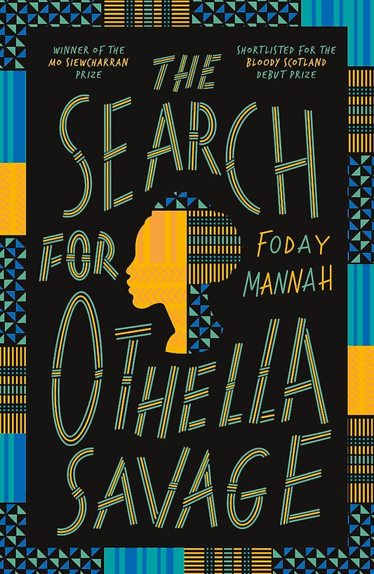 Book cover of 'The Search for Othella Savage' with geometric patterns and silhouette.