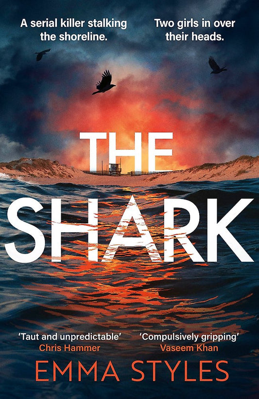 Book cover of 'The Shark' with a sunset over water and text about a serial killer and two girls.