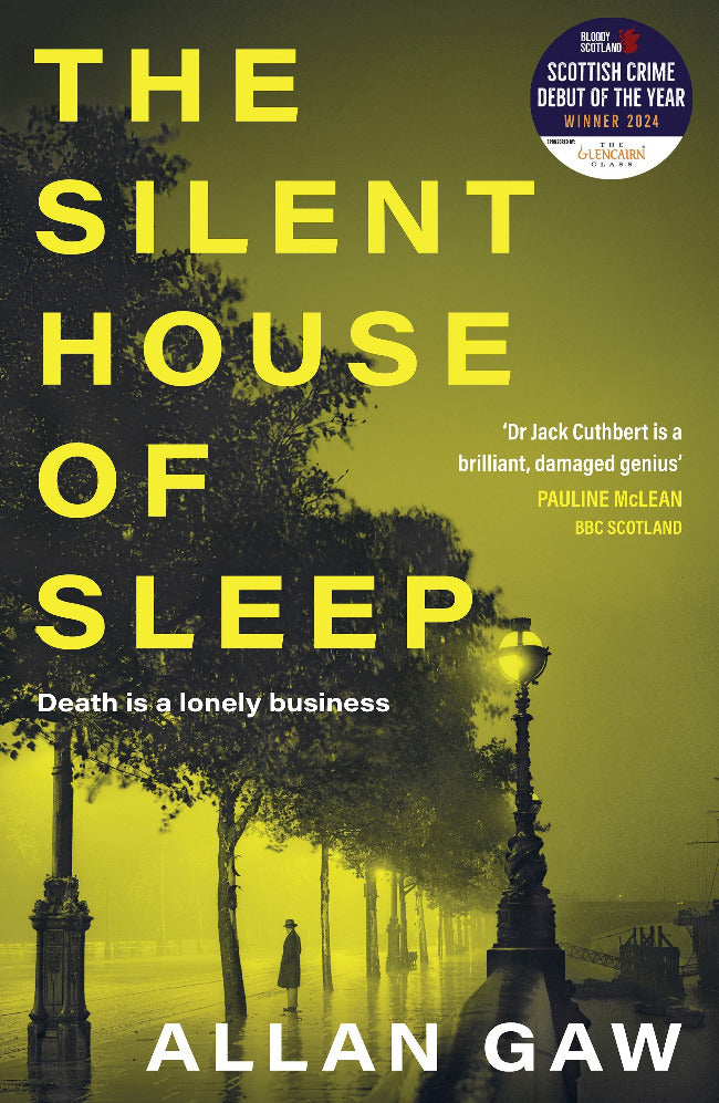 Book cover of 'The Silent House of Sleep' with a greenish hue and silhouette of a person walking.