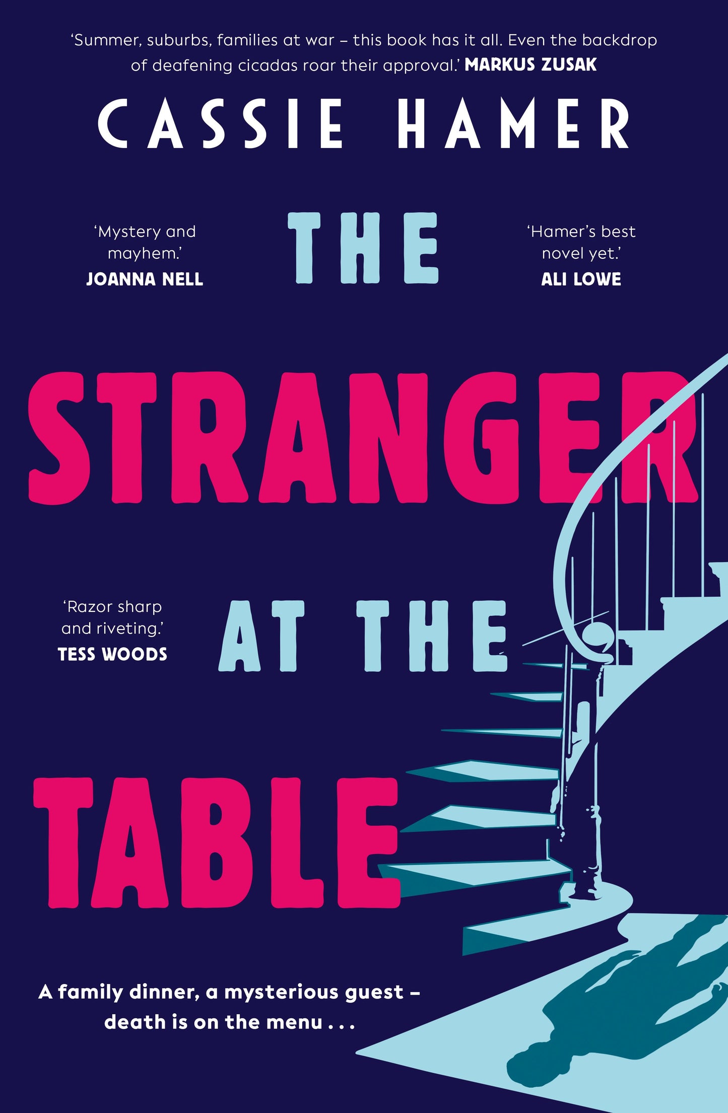 Book cover of 'The Stranger at the Table' by Cassie Hamer with a staircase silhouette on a dark background.