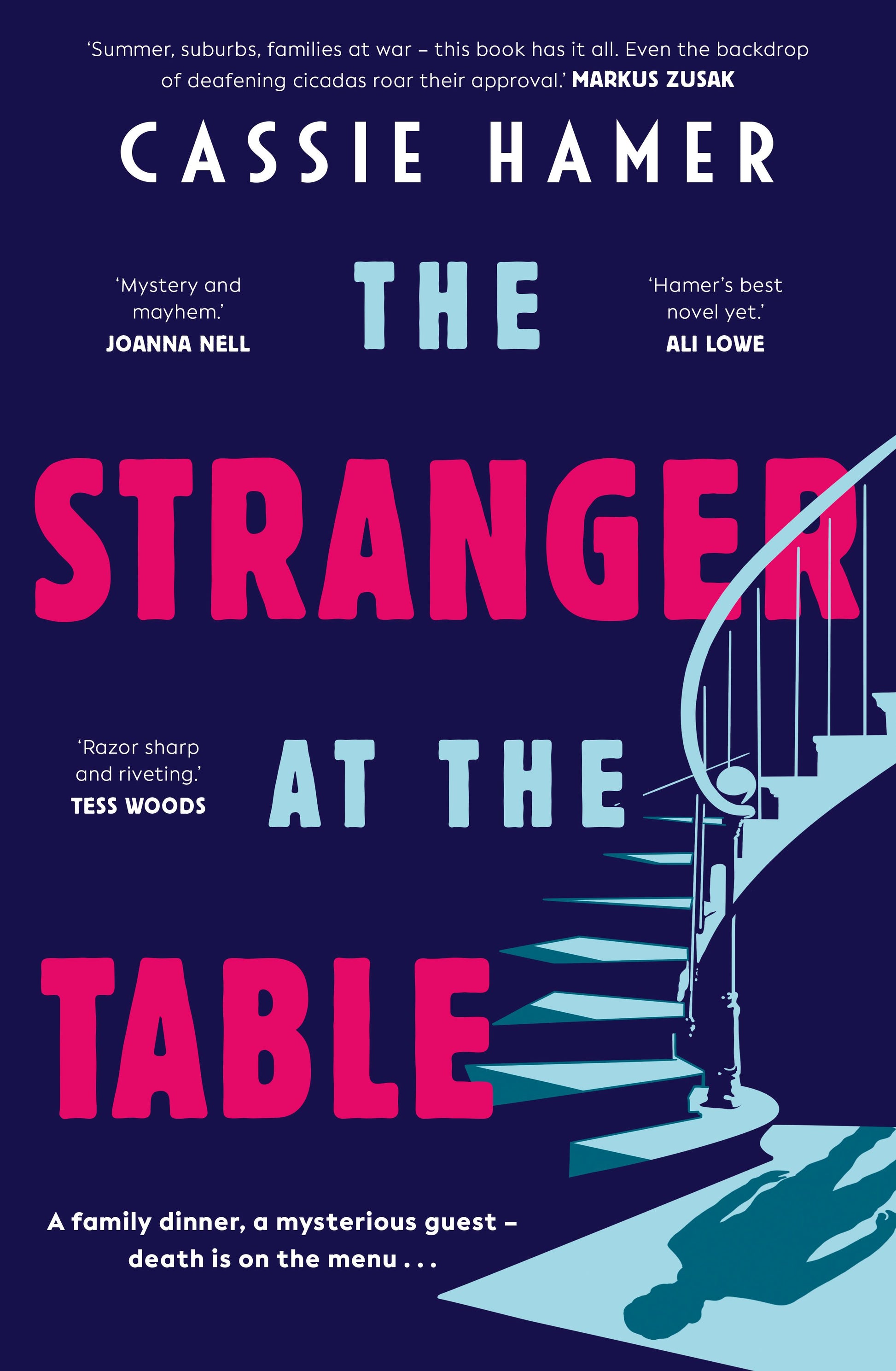 Book cover of 'The Stranger at the Table' by Cassie Hamer with a staircase silhouette on a dark background.