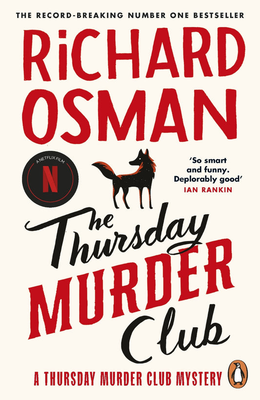 Book cover of 'The Thursday Murder Club' by Richard Osman with a dog illustration and text.