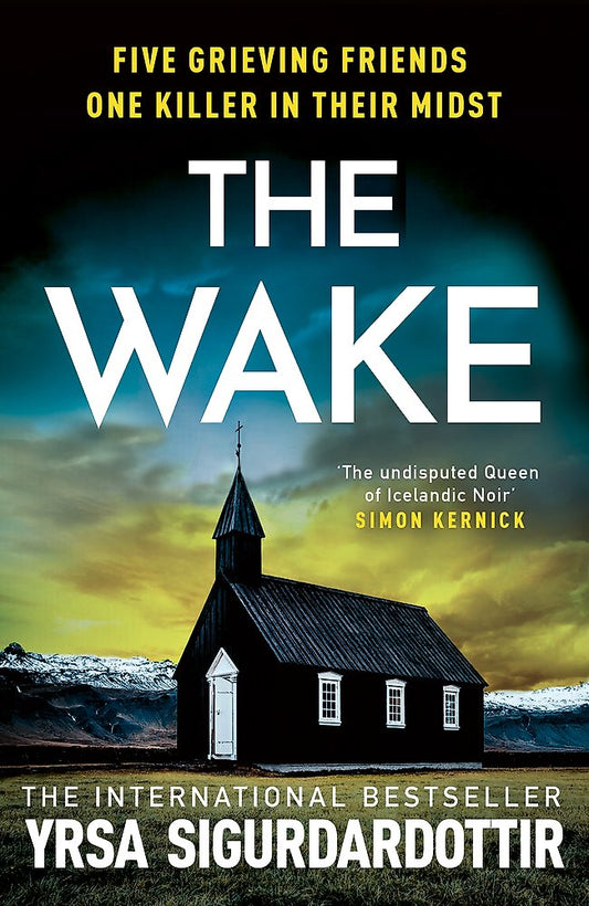 Book cover of 'The Wake' with a church and mountainous landscape