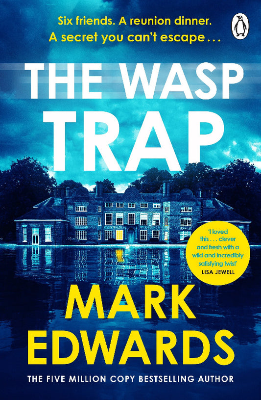 Book cover of 'The Wasp Trap' by Mark Edwards with a blue-toned image of a house and trees.