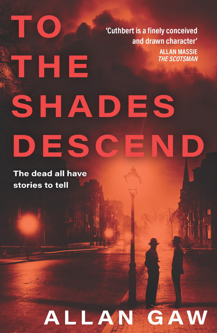 Book cover of 'To the Shades Descend' with a silhouette of two people on a street at night.