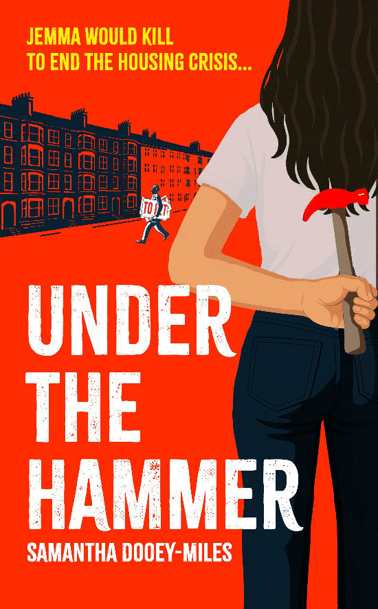 Book cover of 'Under the Hammer' with a person holding a hammer against an orange background.