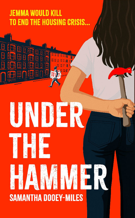 Book cover of 'Under the Hammer' with a person holding a hammer against an orange background.