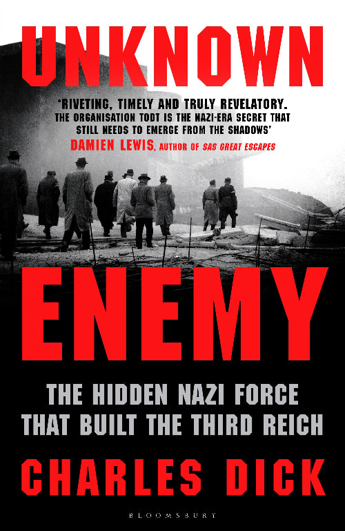 Book cover of 'Enemy' by Charles Dick with a black and white photo of people walking towards an airplane.
