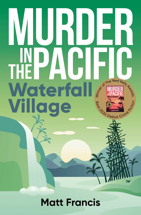Book cover of 'Murder in the Pacific: Waterfall Village' with a green background and waterfall illustration.