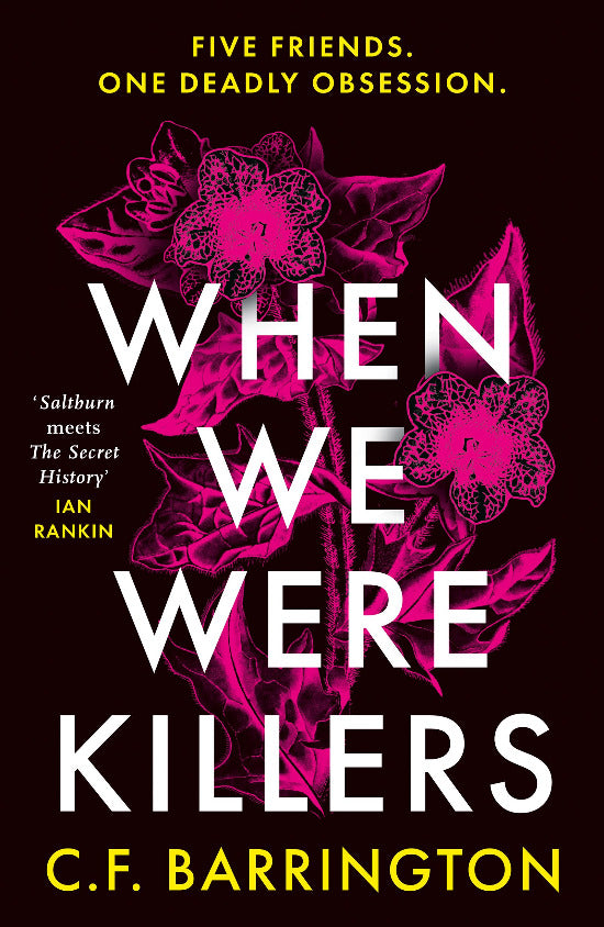 Book cover of 'When We Were Killers' with pink floral design on black background