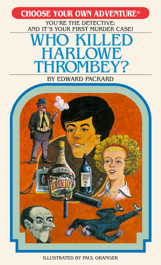 Book cover of 'Who Killed Harlowe Thrombey?' by Edward Packard, featuring illustrations and text.