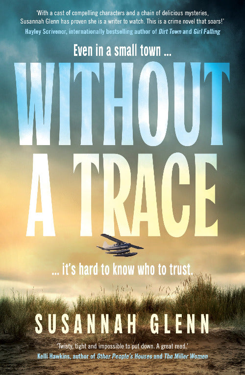 Book cover of 'Without a Trace' by Susannah Glenn with a plane and sunset background.